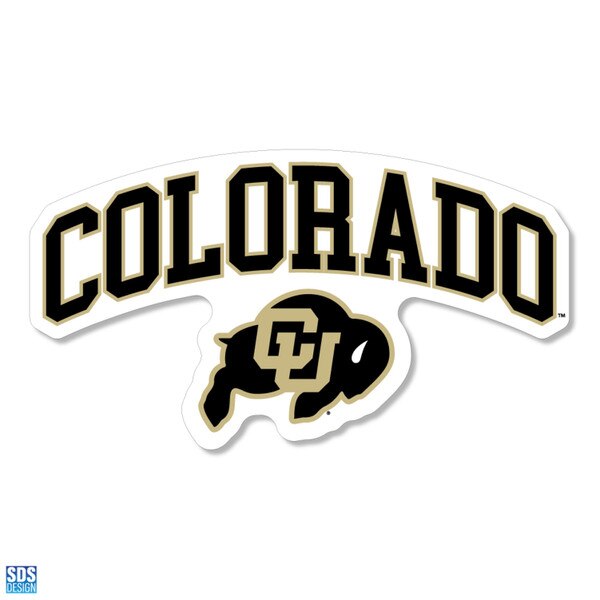 Colorado arched text with CU Buffaloes logo beneath in black and vegas gold